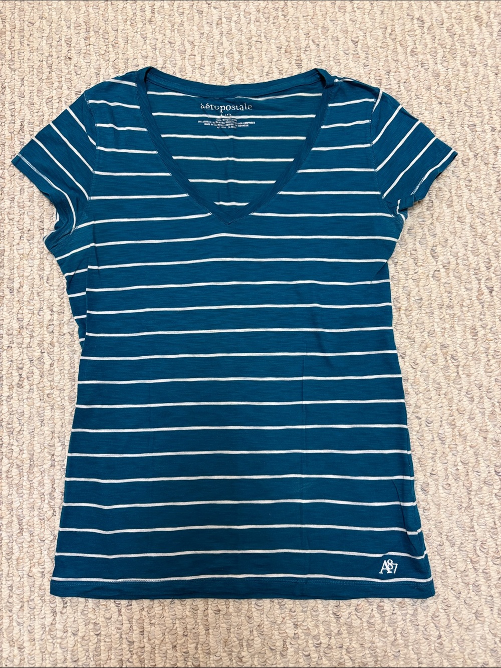 Aeropostale Women's Teal & White Striped V-Neck Tee